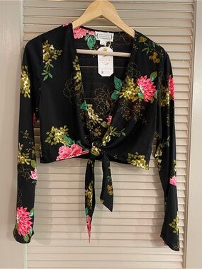 Love Riche Black Floral Tie-Front Blouse